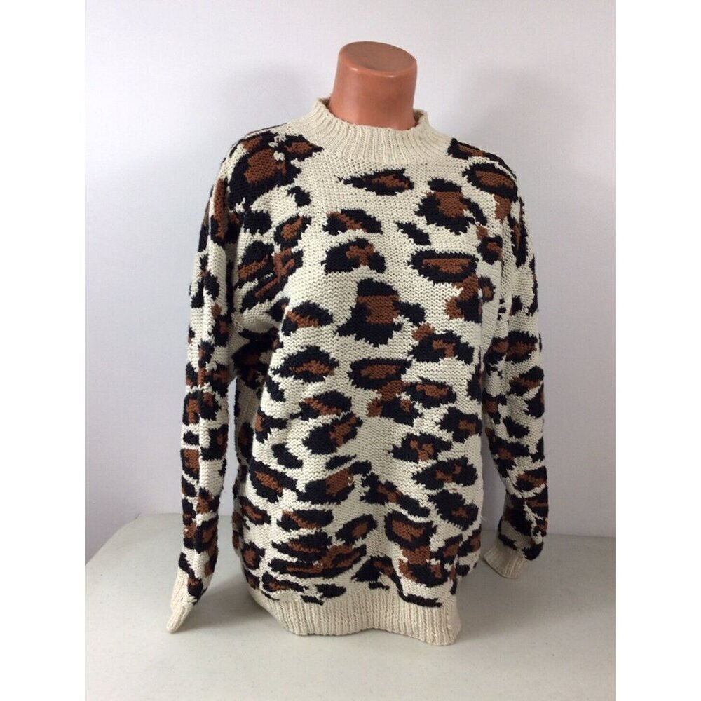 Chunky knit Leopard Print Sweater Womens XS
